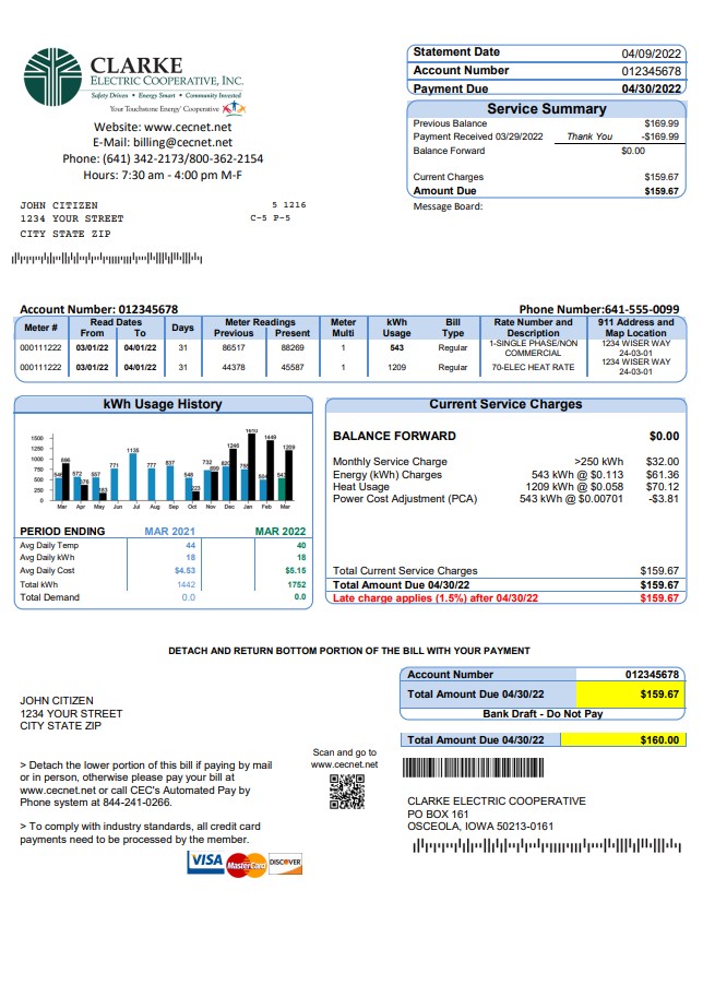 USA Iowa Clarke Electric Cooperative, Inc utility bill template in Word and PDF format